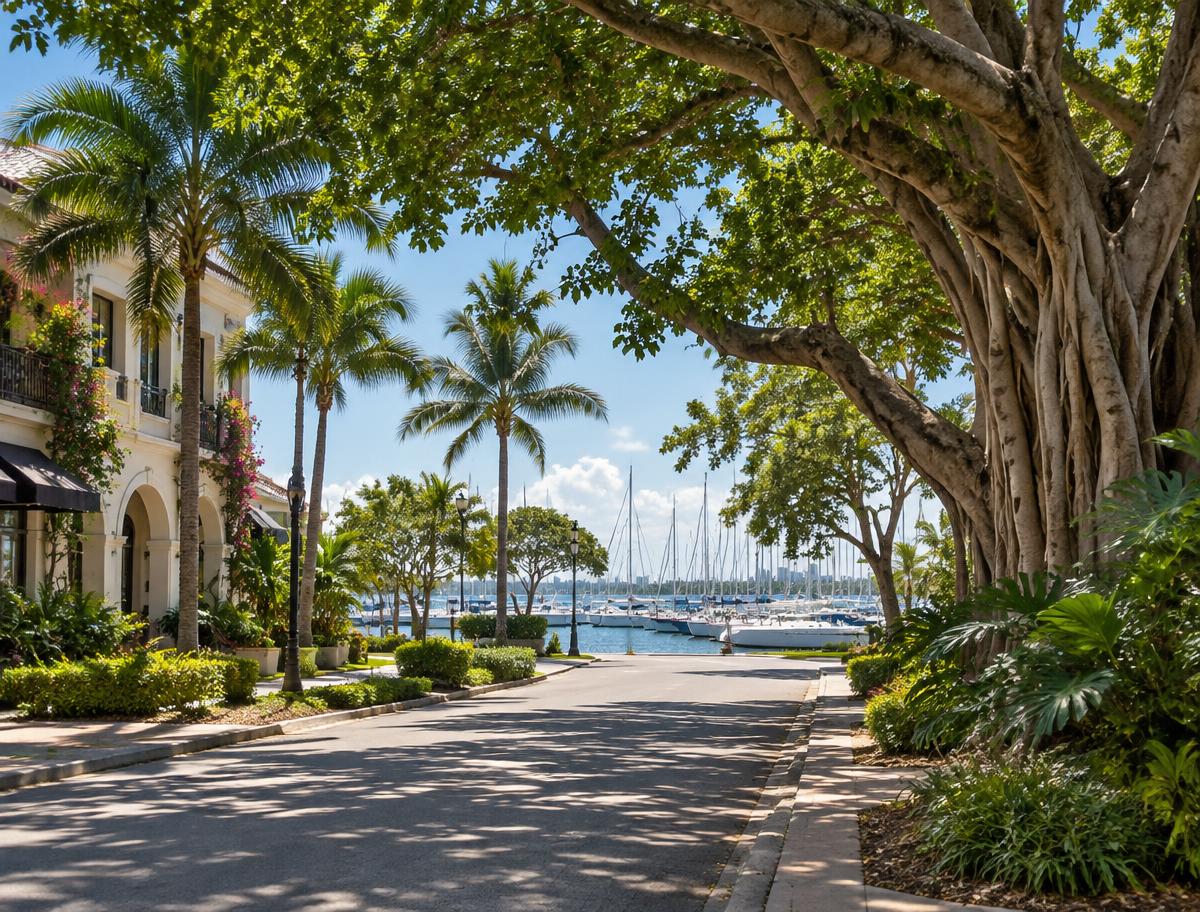 Tree-lined Coconut Grove street leading toward a bayside marina