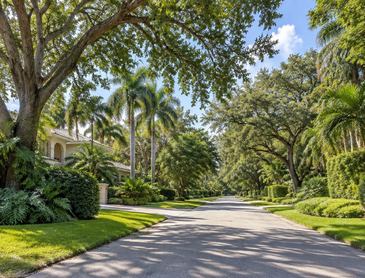Quiet Pinecrest residential lane beneath a mature tropical canopy