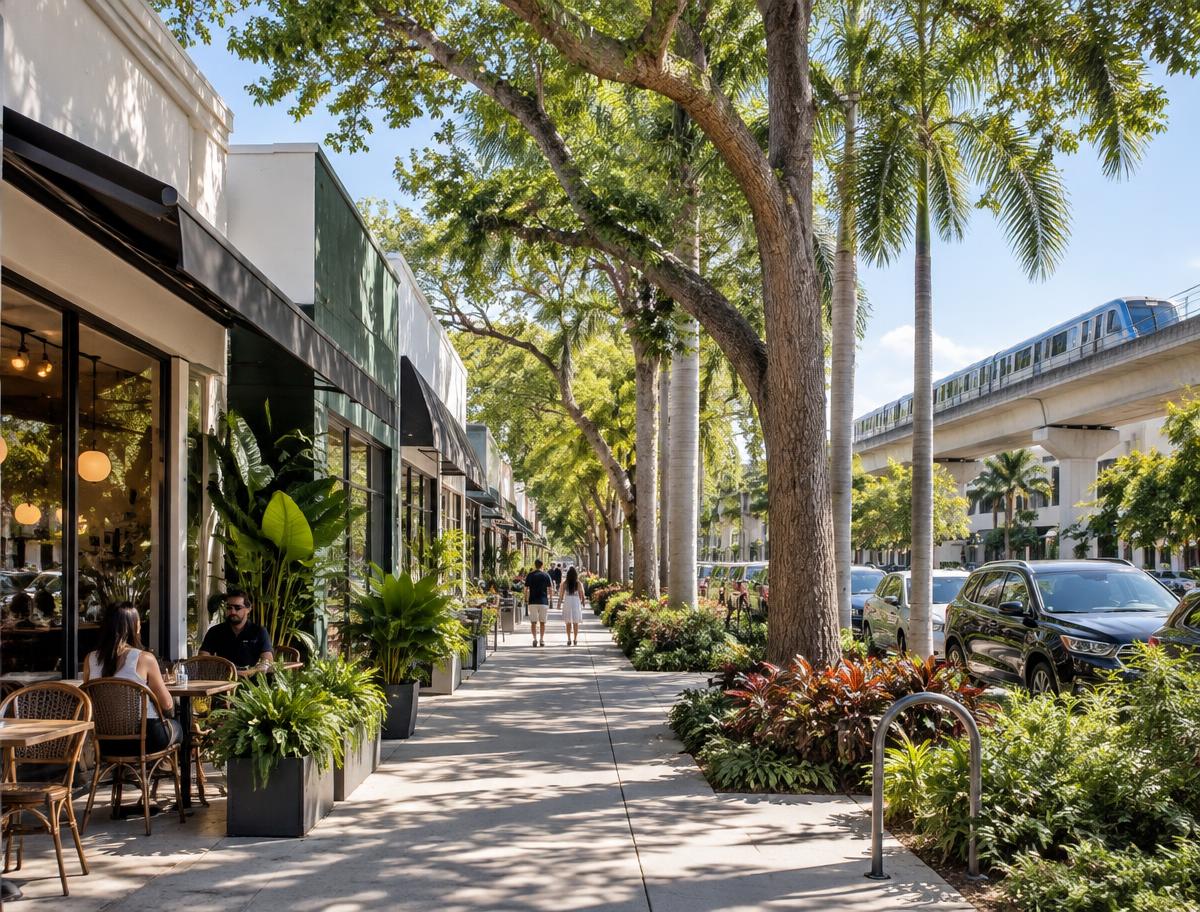 Shaded shops and cafes near the South Miami Metrorail